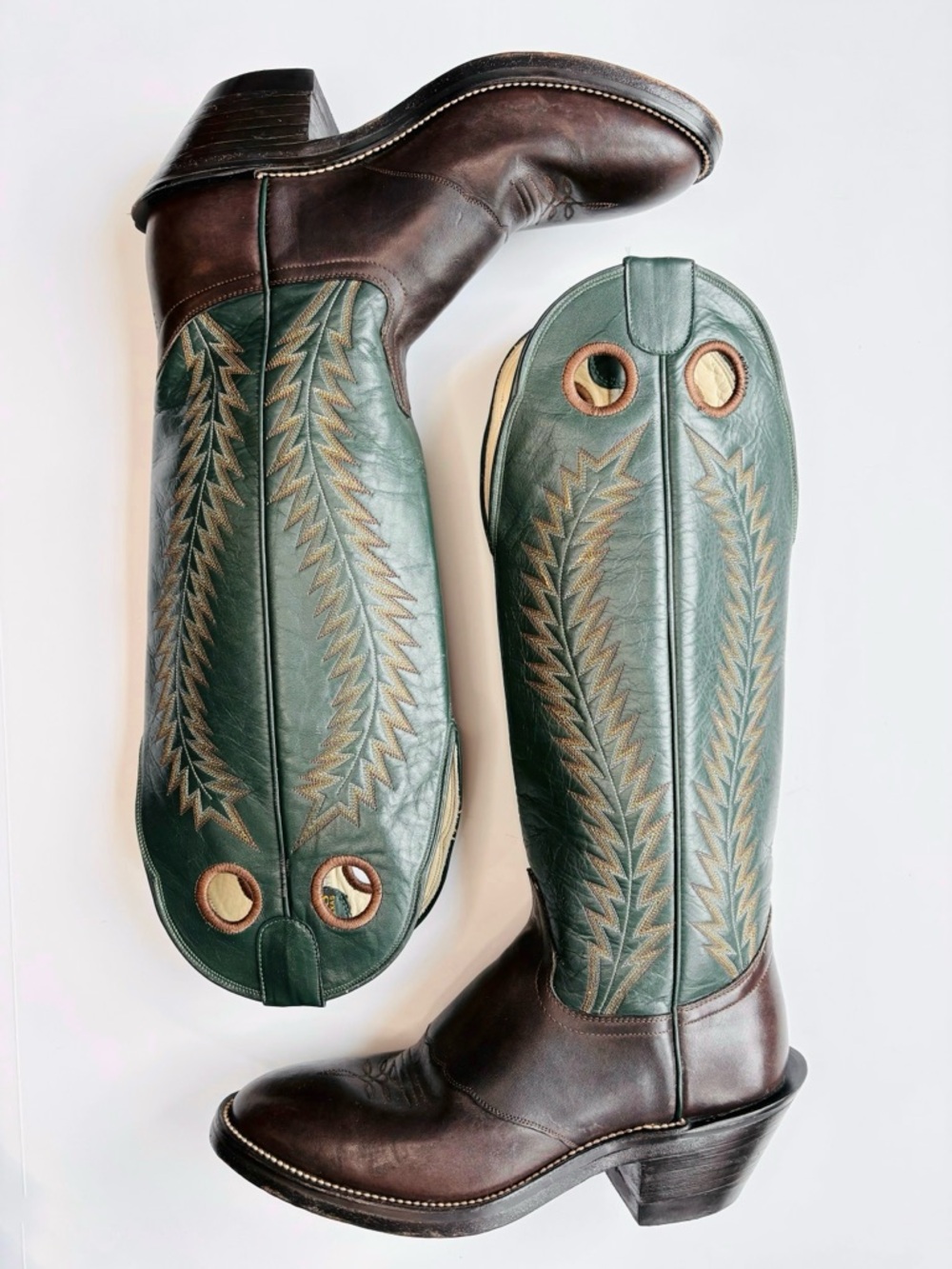 Hondo 2012 Buckaroo Cowboy Boots, Green/Brown, Roper Toe, Men’s Size 9D - Picture 4 of 14